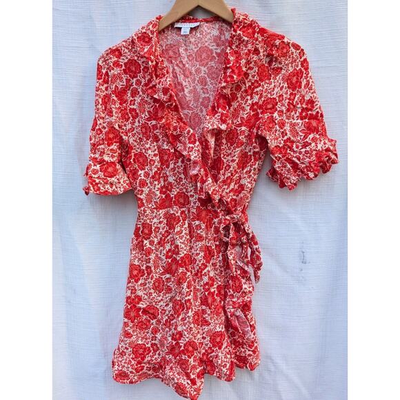Topshop Womens Wrap Mini Dress 8 ruffle Red Floral Flutter Sleeve Feminine Boho - Picture 1 of 9